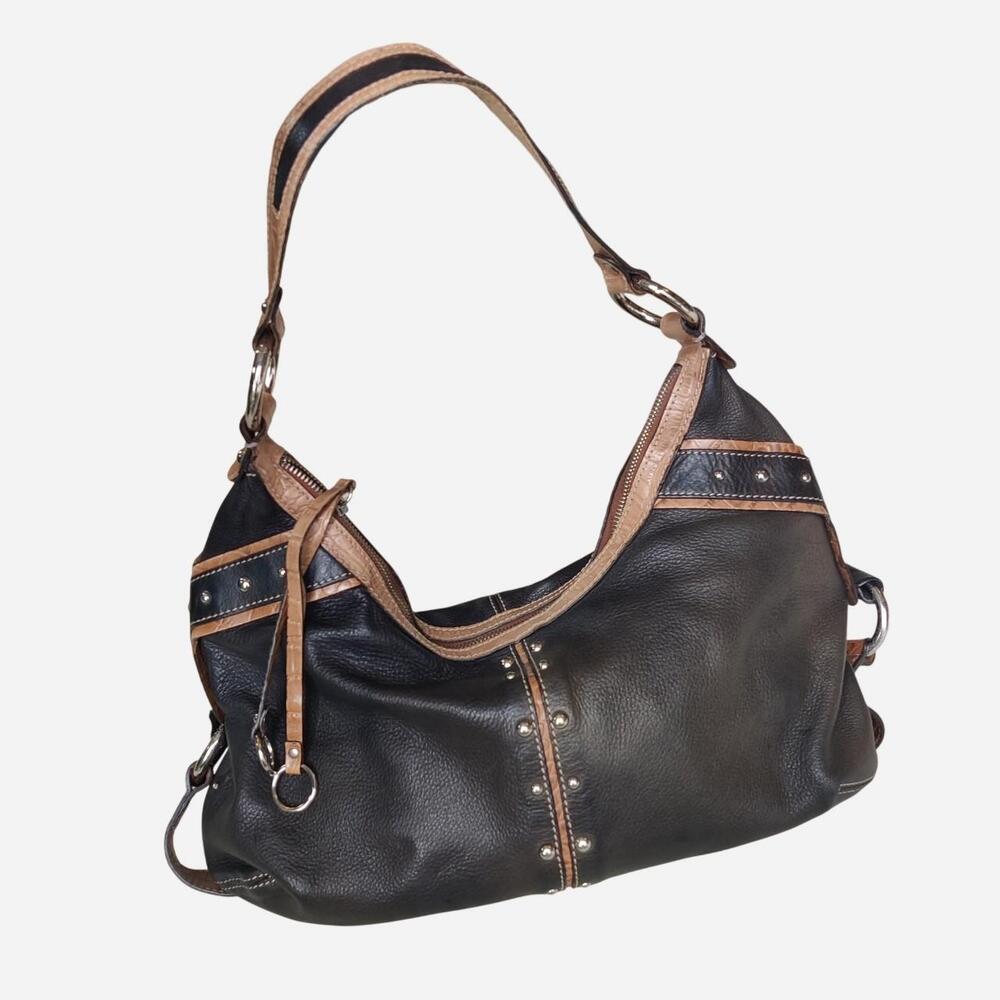 Danier Black leather hobo bag with brown trim and silver studs